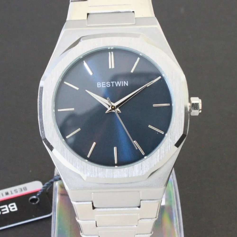 Men's Sports Watch Integrated Bracelet Silver Tone Blue Dial 41.5mm